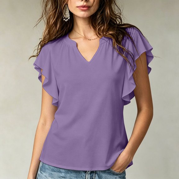Karymi Womens Blouses Solid Notched V Neck Blouse, Ruffle Flutter Short Sleeve Casual Lightweight Shift Top Womens Tops