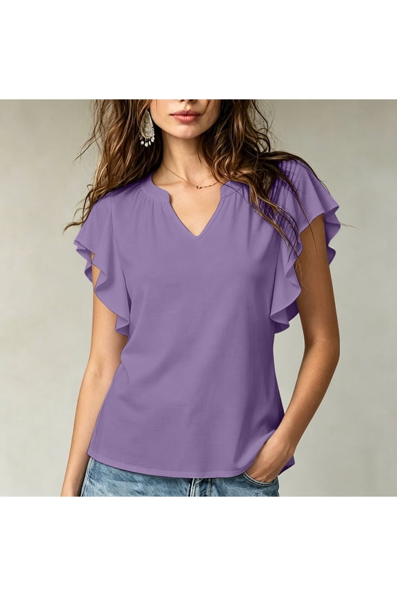 Womens Blouses Solid Notched V Neck Blouse, Ruffle Flutter Short Sleeve Casual Lightweight Shift Top Womens Tops