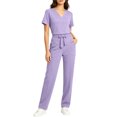 thumbnail image 1 of Karymi Womens Blouses Solid Scrub Set, V-Neck Short Sleeve Loose Top & Elastic Waist Self Tie Bow Straight Leg Pants with Multi Side Pockets Lounge Sets for Women, 1 of 5