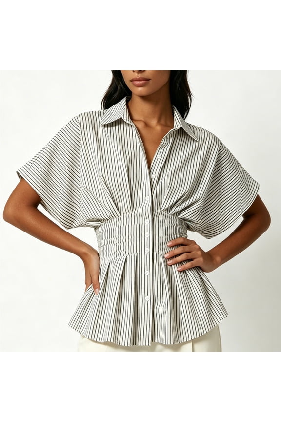 Womens Blouses Striped Pleated Waist Cinched Button Down Shirt, Lapel Collar Batwing Short Sleeve Peplum Hem Blouse, Slim Fit Casual Top Womens Tops Dressy Casual