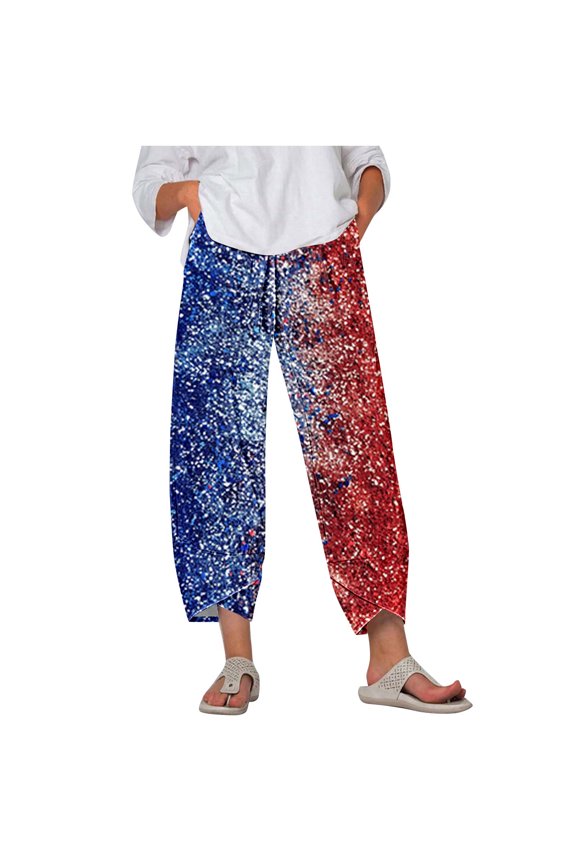 Womens Casual Pants Fashion Cropped Print Long Quick Dry Plazzo Pants Loose Fit Comfy Wide-Leg Pants Independence Day Summer Plus Size Trousers for Women 2026