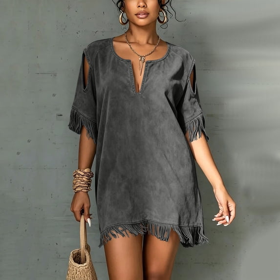 Karymi Womens Dresses Boho Beach Vacation Tassel Mini Dress, Notch V Neck Cold Shoulder Cutout Short Sleeve Loose Shift Cover Up Dress Summer Dresses for Women 2026