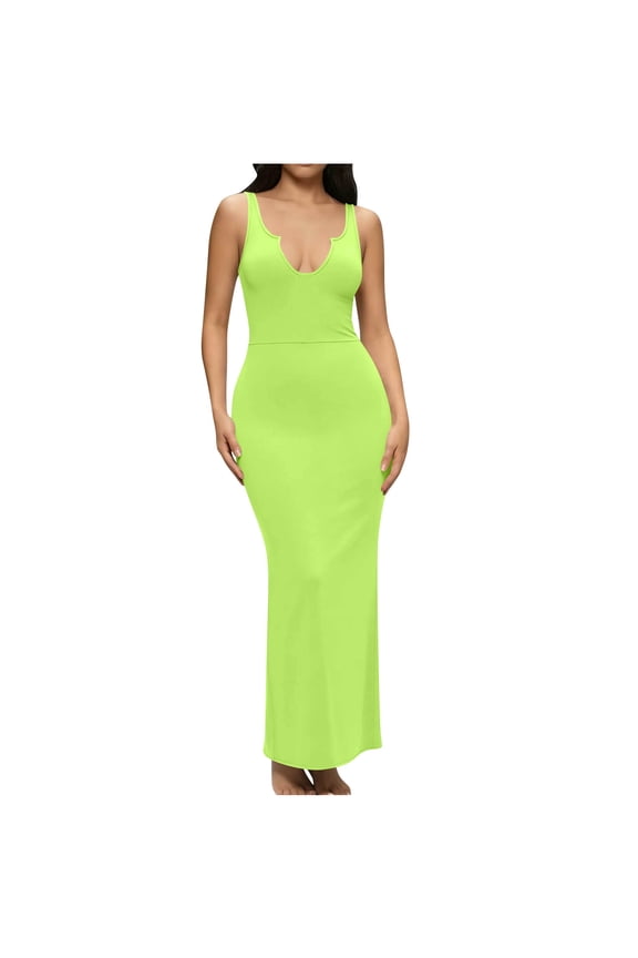 Womens Dresses summer V-Neck Casual Maxi Solid Bodycon Slim Fit Dressy Dress Comfy Tunic Ankle Length Sundress Minimalist Elegant Going out Party Women Dresses
