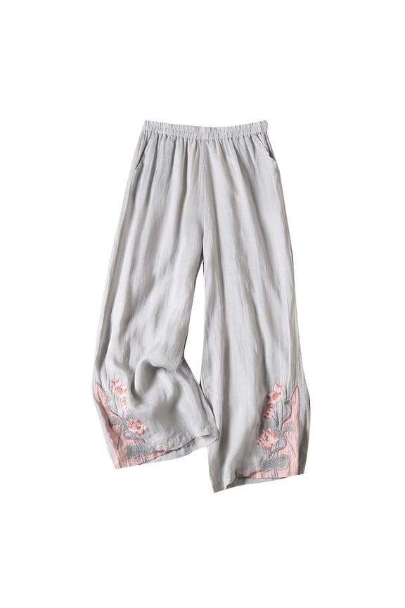 Womens Pants Fashion Wide-Leg Flower Print Long Knitting Cotton Fabric Soft Palazzo Pants Fashion Embroidery Culottes Trousers with Pockets 2026