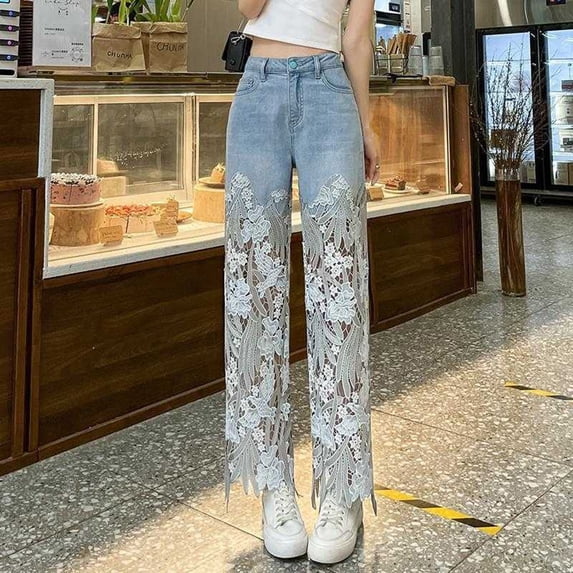 Karymi Womens Shorts Floral Lace Cutout Wide Leg Jeans, High Waist Button Fly Hollow Out Denim Trousers with Classic 5 Pockets Biker Shorts Women