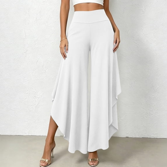Karymi Womens Shorts High Waist Ruffle Layered Flowy Wide Leg Pants, Solid Elastic Waist Asymmetrical Hem Palazzo Trousers, Elegant Party Vacation Jean Shorts