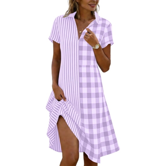 Karymi Womens Summer Dresses Collared Casual Mid-Length Plaid Print A-Line Leisure Loose Comfy Dress Figure Friendly Patchwork Dresses Summer Comfy Women Dresses 2026