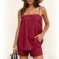 thumbnail image 1 of Karymi Womens Summer Tops 2 Piece Linen Blend Outfit Set, Square Neck Thin Spaghetti Strap Tank Top+Elastic High Waist Casual Shorts with Side Pockets Rompers for Women, 1 of 7