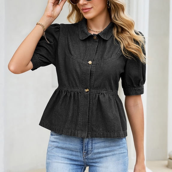 Karymi Womens Summer Tops Denim Peplum Blouse, Collar Short Sleeve Button-Down Shirt, Puff Sleeve Ruffled Hem Babydoll Top T Shirts for Women