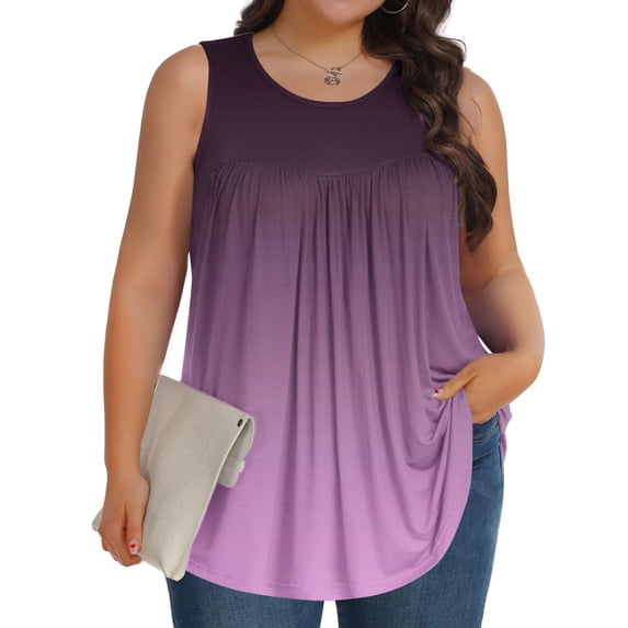 Karymi Womens Summer Tops Plus Size Crew Neck Sleeveless Pleated Flowy Tank Top, Loose‑Fit Gradient Curved Hem Casual Summer Tee, Relaxed Layering Blouse Womens Summer Tops