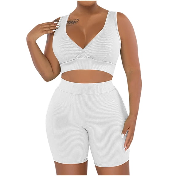 Karymi Womens Summer Tops Plus Size Ribbed 2-Piece Workout Set, V-Neck Crop Top Sports Bra + High Waist Tummy Control Biker Shorts, Yoga and Gym Outfit Blouses for Women