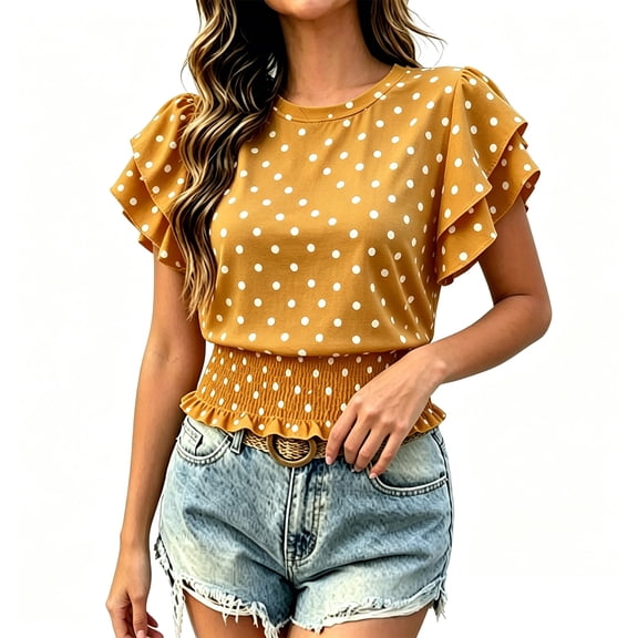 Karymi Womens Summer Tops Polka Dot Crop T-Shirt, Crew Neck Double Layer Ruffle Flutter Short Sleeve Smocked Elastic Waist Peplum Pullover Top Womens Tops