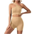 thumbnail image 1 of Karymi Womens Summer Tops Ribbed 2-Piece Workout Set, One Shoulder Crop Top Sports Bra + High Waist Seamless Biker Shorts, Tummy Control Gym Yoga Outfit Womens Tops, 1 of 4