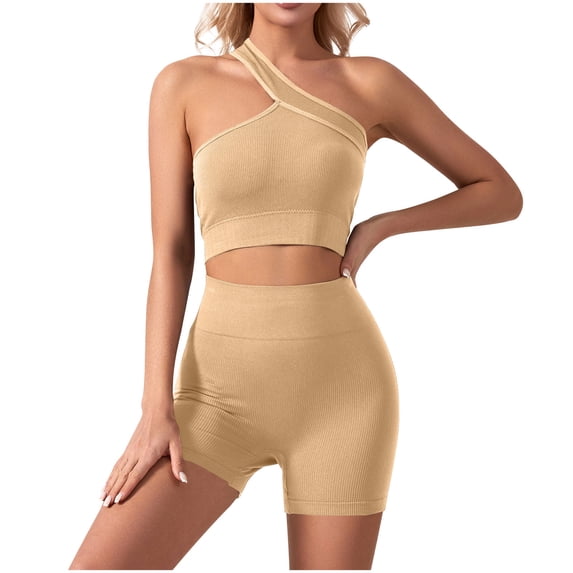Karymi Womens Summer Tops Ribbed 2-Piece Workout Set, One Shoulder Crop Top Sports Bra + High Waist Seamless Biker Shorts, Tummy Control Gym Yoga Outfit Womens Tops