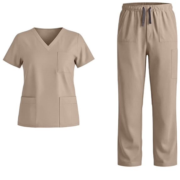Karymi Womens Summer Tops Scrub Set, V-Neck Short Sleeve Multi-Pocket Top + Elastic Drawstring Waist Pants, Comfortable Stretch Breathable Medical Uniform Womens Workout Tops