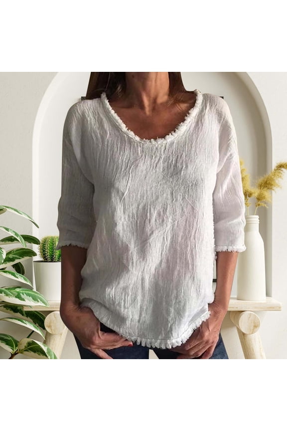 Womens Summer Tops Solid Round Neck Fringe Trim Three Quarter Sleeve Blouse, Crinkled Textured Loose Fit Tops, Raw Edge Frayed Hem Shirts Workout Tops for Women