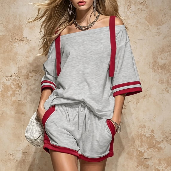 Karymi Womens Summer Tops Tracksuit 2 Piece Outfit, Contrast Off Shoulder Short Sleeve Striped Cuff Baot Neck Top & Elastic Drawstring Waist Side Trim Shorts Summer Tops