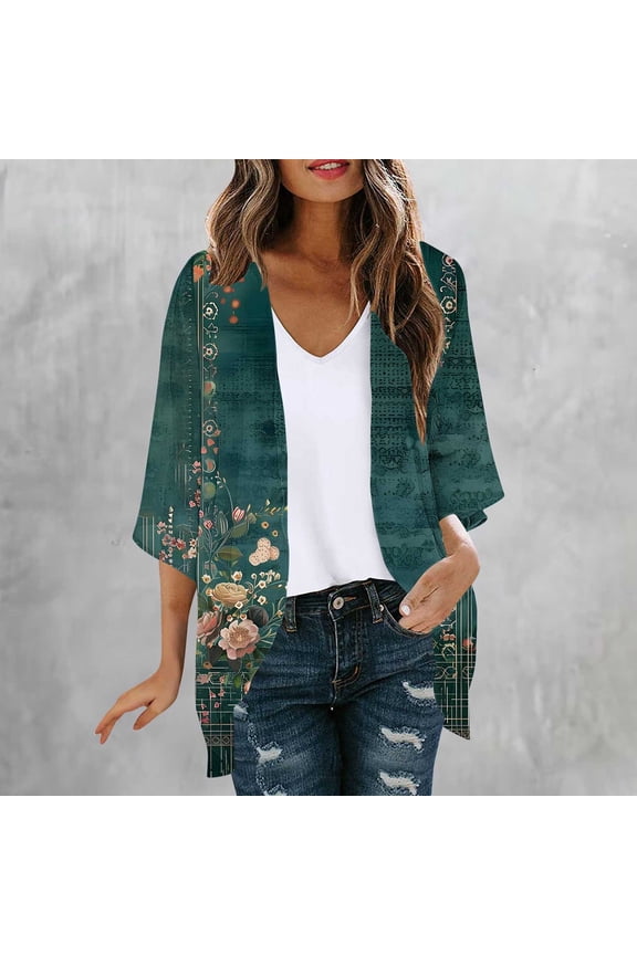 Womens Summer Tops Vintage Floral Print Open Front Blouse, Elbow Sleeve Lightweight Casual Cover Up Jacket T Shirts for Women