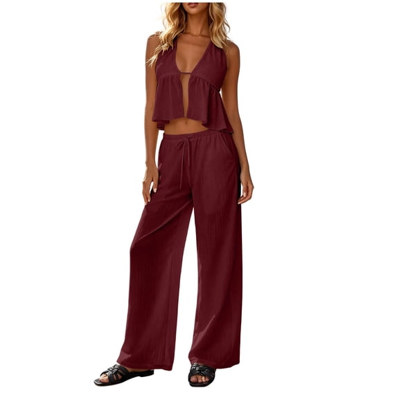 Karymi Womens T Shirts 2 Piece Beach Outfit, Halter Deep V Ruffle Crop Tank Top & Drawstring Wide Leg Pants, Lightweight Vacation Matching Set Blouses for Women Dressy Casual
