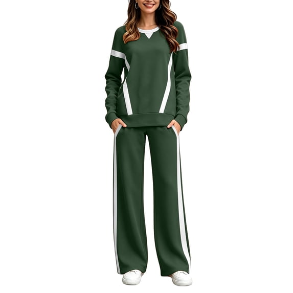 Karymi Womens T Shirts Color Block 2 Piece Tracksuit Set, Crew Neck Long Sleeve Loose Pullover Top, Elastic Drawstring Waist Side Stripe Wide Leg Long Pants Matching Sets Women Clothing