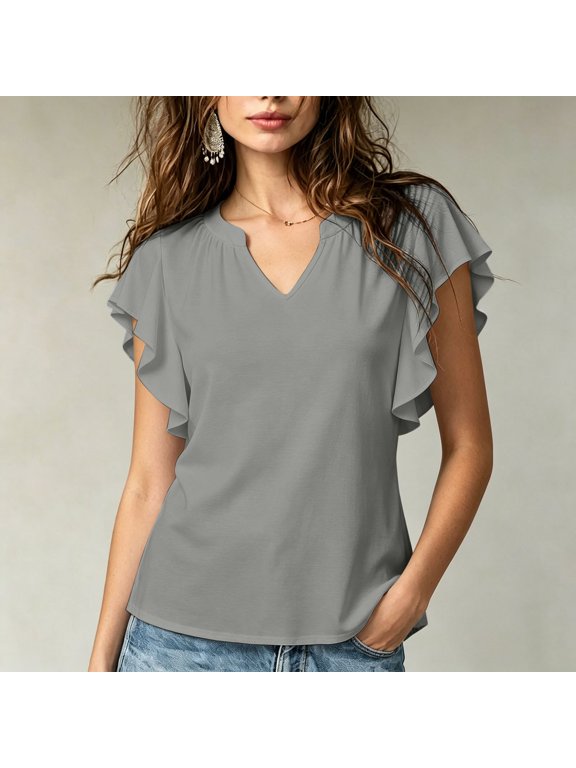 Womens T Shirts Solid Notched V Neck Blouse, Ruffle Flutter Short Sleeve Casual Lightweight Shift Top Womens T Shirts
