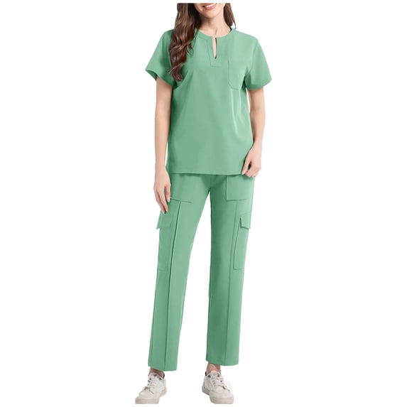 Karymi Womens T Shirts Solid Scrub Uniform Set, Notch Split Neck Short Sleeve Top with Chest Pocket, Elastic Drawstring Waist Multi Cargo Pockets Pants Tops for Women Trendy