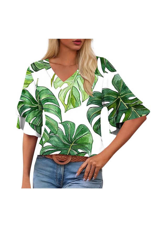 Womens T Shirts Trendy Short Sleeve Leaves Print V-Neck Stretchy Double Layer Sleeve Shirts Regular Fit Lightweight Ruffle Shirt Women Tops