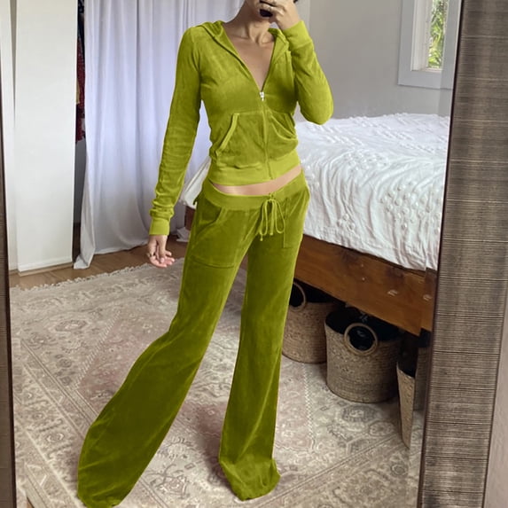 Karymi Womens T Shirts Velour Tracksuit 2-Piece Set, Full Zip Hooded Jacket with Pockets + High Rise Drawstring Flare Pants, Casual Outfit Short Sleeve Shirts for Women