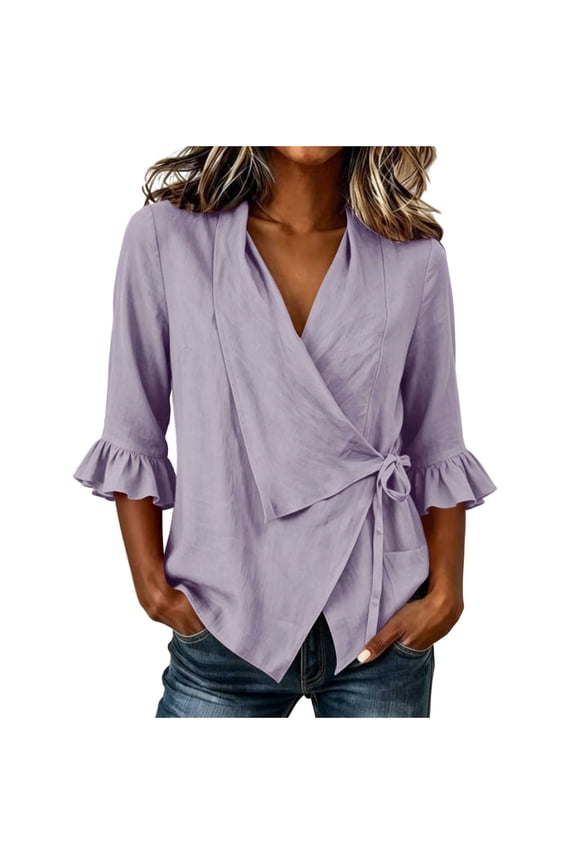 Womens T Shirts Wrap V Neck Side Tie Blouse, Ruffle Elbow Flare Sleeve Faux Fake Linen Textured Casual Solid Shirt Top Womens Summer Tops