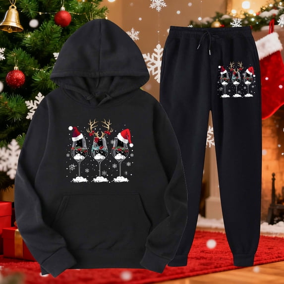 Karymi Womens Tops 2 Piece Christmas Tracksuit Set, Hooded Long Sleeve Shirt with Kangaroo Pocket Top+Drawstring Waist Jogger Pants with Side Pockets Tops for Women Trendy