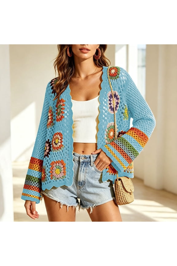 Karymi Womens Tops Crochet Patchwork Floral Cardigan, Boho Hollow Out Open Front Long Flare Sleeve Knit Jacket, Square Knit Layering Coat