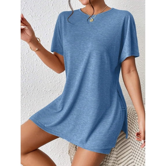 Karymi Womens Tops Dressy Casual 2 Piece Running Set, Crew Neck Short Sleeve Side Slit Loose Shift Top & Elastic High Waist Biker Shorts Womens Tops Dressy Casual