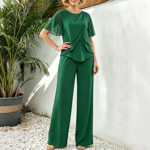 Karymi Womens Tops Dressy Casual Chiffon Spliced 2 Piece Dressy Outfit Set, Crew Neck Flutter Short Sleeve Cross Ruffle Layered Top, High Waist Straight Wide Leg Pants Shirts for Women