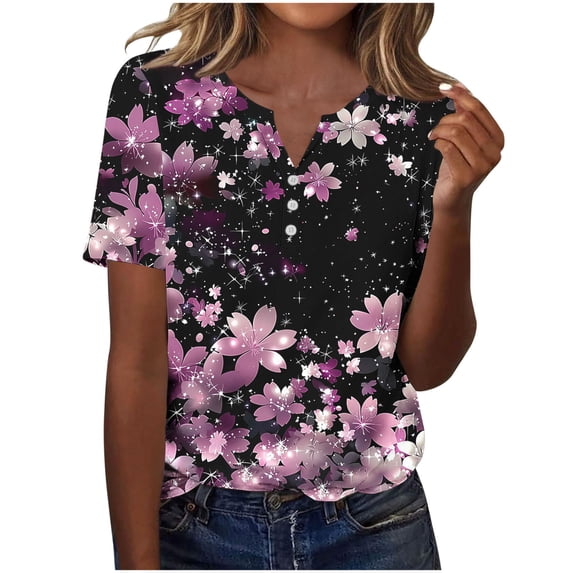 Karymi Womens Tops Dressy Casual Fashion Short Sleeve Flower Print V-Neck Loose Casual T Shirts Button Quick Dry Blouse Lightweight Going out Women Blouse