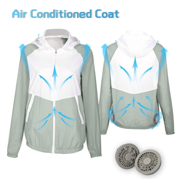Karymi Womens Tops Dressy Casual Men Women Cooling Fan Jacket, Color Block Zip Up Hooded Air Conditioning Work Coat, Outdoor Jacket with Zipper Pockets Cute Tops for Women