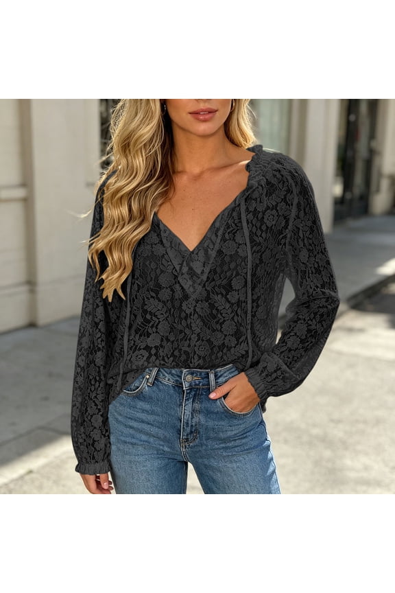 Womens Tops Dressy Casual Solid Wrap V Neck Tie String Floral Sheer Lace Blouse, Ruffled Elastic Collar Long Puff Sleeve Hollow Out See Through Top Plus Size Tops for Women