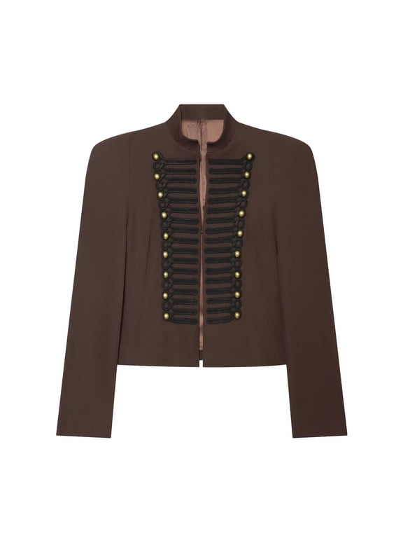 Karymi Womens Tops Dressy Casual Stand Collar Military Style Cropped Blazer Jacket, Slim Fit Long Sleeve Gold Button Braided Trim Decorative Short Suit Coat Going Out Tops
