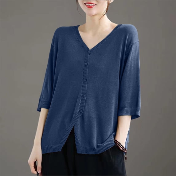Karymi Womens Tops Dressy Casual V Neck Lightweight Knit Cardigan, 3/4 Sleeve Open Front Button Down Loose Layering Sweater Top Going Out Tops