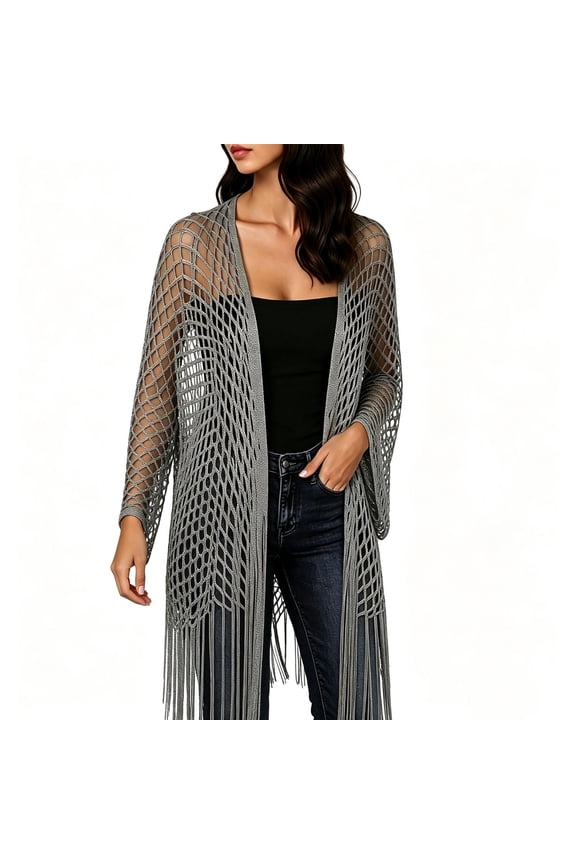 Womens Tops Gold Fishnet Crochet Fringe Long‑Sleeve Open‑Front Top, Boho Hollow‑Out Tassel Trim Cover‑Up with Long Cascading Fringe Hem Blouse Blouses for Women