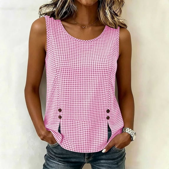 Karymi Womens Tops Round Neck Gingham Plaid Sleeveless Tank Top, Side Button Split Hem Loose Fit Casual Vest, Lightweight Summer Daily Blouse Workout Tops for Women