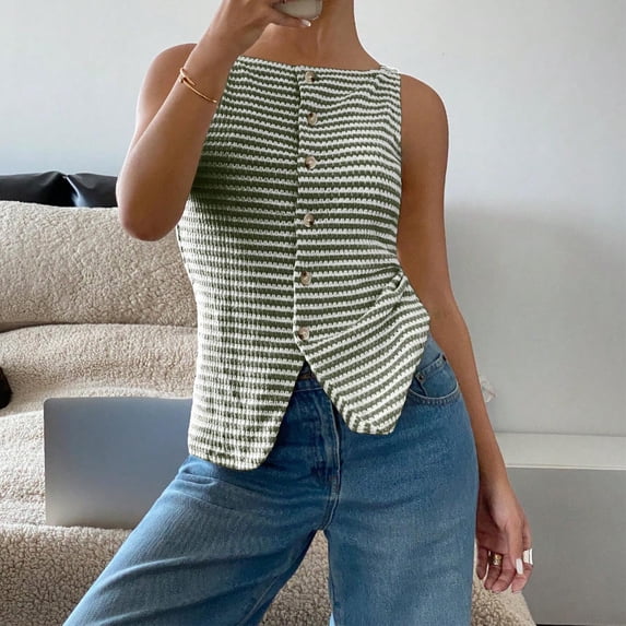 Karymi Womens Tops Square Neck Textured Horizontal Stripe Button Front Sleeveless Tank Top, Open Camisole, Summer Retro‑Chic Slim Fit Daily Wear Vest Shirts for Women