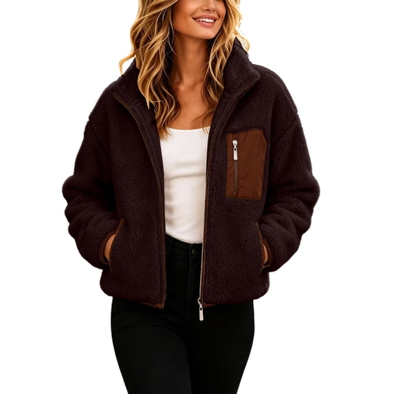 Karymi Womens Tops Stand Collar Full Zip Fleece Jacket, Color Block Contrast Pocket Long Sleeve Warm Coat with Side Pockets for Fall Winter Blouses for Women