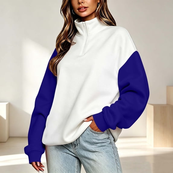 Karymi Womens Tops Two-Tone Raglan Quarter Zip Stand Collar Sweatshirt, Color Block Long Sleeve Pullover Top, Fleece Oversized Loose Shirt Blouses for Women