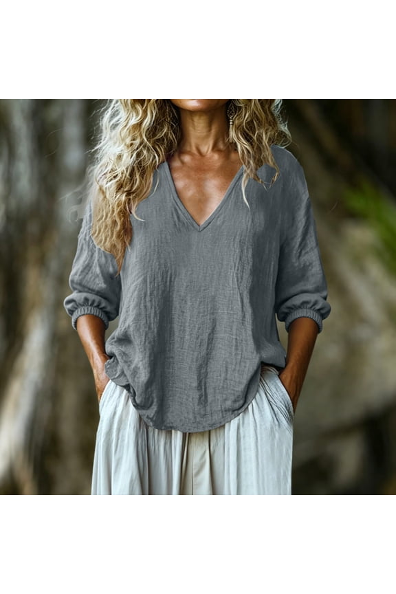 Womens Tops V Neck 3/4 Elastic Cuff Blouse, Casual Crinkled Linen Cotton Textured Top, Loose Curved Hem Breathable Lightweight Shift Shirt Womens Workout Tops