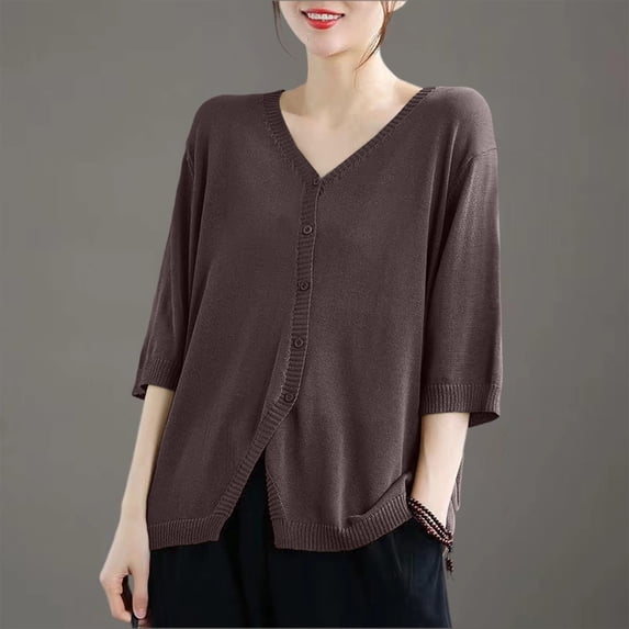 Karymi Womens Tops V Neck Lightweight Knit Cardigan, 3/4 Sleeve Open Front Button Down Loose Layering Sweater Top Summer Tops