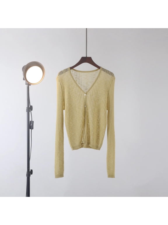 Womens Tops V Neck Ribbed Knit Cardigan, Long Sleeve Button Down Lightweight Sheer Cropped Sun Protection Sweater Cover Up Cute Tops for Women