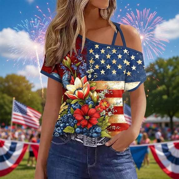 Karymi Womens Workout Tops 4th of July Asymmetrical Cold Shoulder Short Sleeve T‑Shirt, Casual Summer Top Patriotic Independence Day Print Womens Tops Dressy Casual