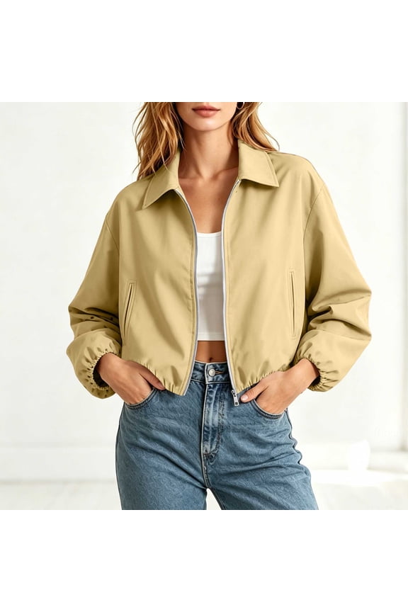 Karymi Womens Workout Tops Collared Zip Up Cropped Jacket, Elastic Bubble Hem Long Sleeve Windbreaker Coat with Side Pockets Cute Tops for Women