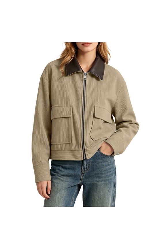 Karymi Womens Workout Tops Corduroy Zip Up Jacket, Faux Leather Contrast Collar Long Sleeve Cropped Coat with Flap Patch Pockets, Vintage Casual Outerwear Womens Tops Dressy Casual