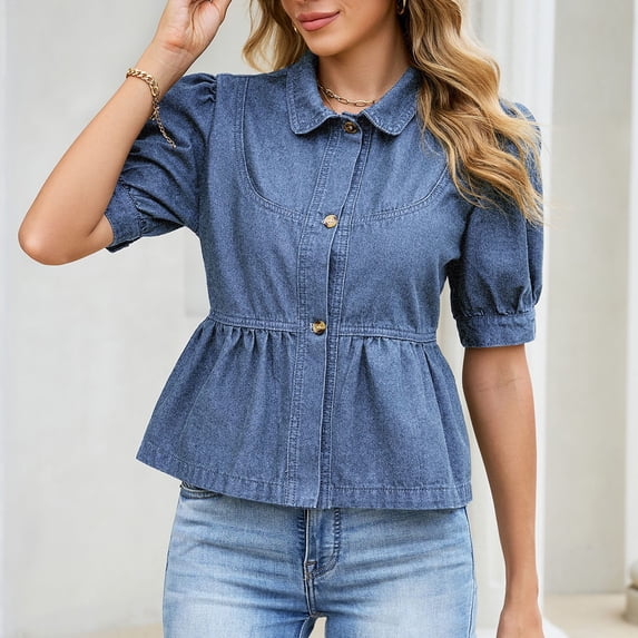 Karymi Womens Workout Tops Denim Peplum Blouse, Collar Short Sleeve Button-Down Shirt, Puff Sleeve Ruffled Hem Babydoll Top Short Sleeve Shirts for Women